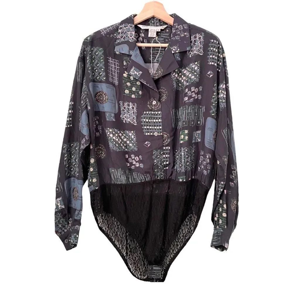 NEW Vintage Annie Alexander 100% Silk Long Sleeve Floral Bodysuit in Size M